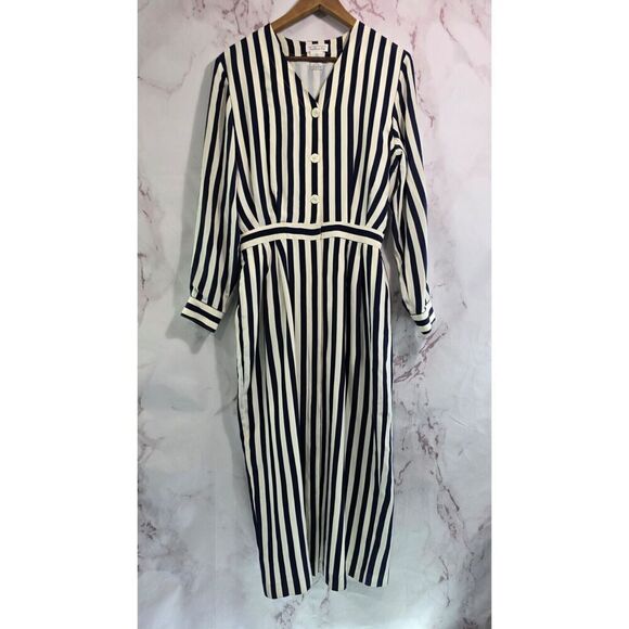 Vintage Silk Dress Womens Large 12 Navy Cream White Midi Maxi Striped Talbots - Picture 1 of 16